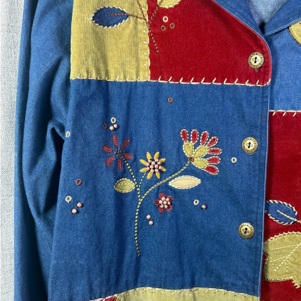 Alfred Dunner Womens Denim Patchwork Jacket Floral Embroidered Corduroy Blue  18 - Picture 3 of 10